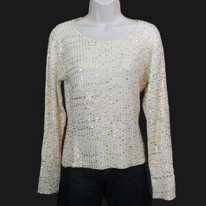 Marisa Christina Cream Sweater All Over Gold Sequins Long Sleeve Size Large